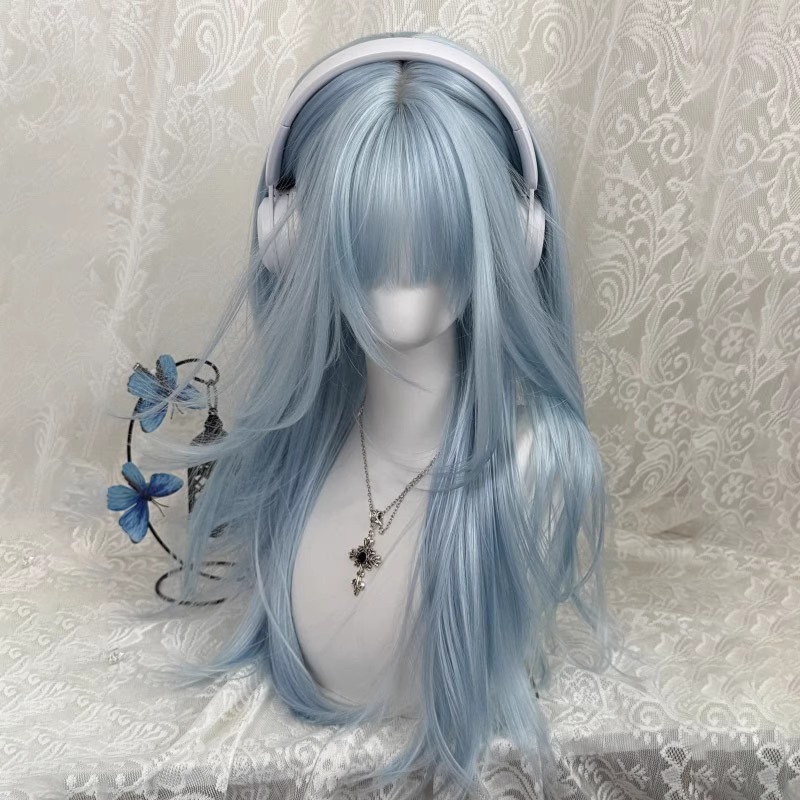 Anime Cosplay Thick - Pastellblau lange gerade Perücke mit dickem